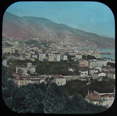 HAND COLOURED Glass Magic Lantern Slide MENTON FROM THE WEST C1890 PHOTO FRANCE - Picture 1 of 2