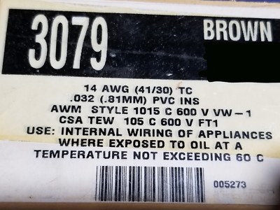 Alpha Wire 3079 #14awg Tinned Copper Hook Up Wire 600V 105C MTW TEW Brown /25ft