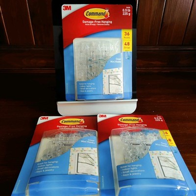 3 PKGS 3M Command Clear Mini Hooks holds .5lbs (225 g) 108 hooks 144 Strips