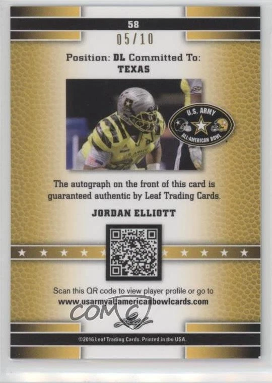 2016 Leaf US Army All-American Bowl Metal /10 Jordan Elliott #58 Auto - Image 2 of 2