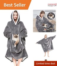 Wearable Blanket Hoodie with Giant Pet Pocket Sherpa Fleece Oversized
