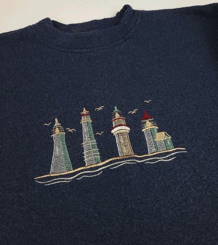 Vintage 90s Lighthouse Embroidered Knit Crewneck Sweatshirt USA Made Lake Sail - Bild 3 von 4