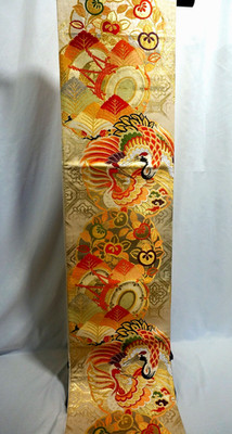 Japanese Kimono,SILK Antique OBI,Zentu,a Couple Cranes,Gld/SIL threads,13'..4559