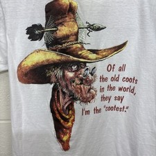 Vintage Nate Owens Art T Shirt Medium Old Coots USA Made White Cooter Tee
