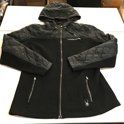 Spyder Jacket Womens Large Black Full Zip Hooded Hybrid Ribbed Knit Quilted