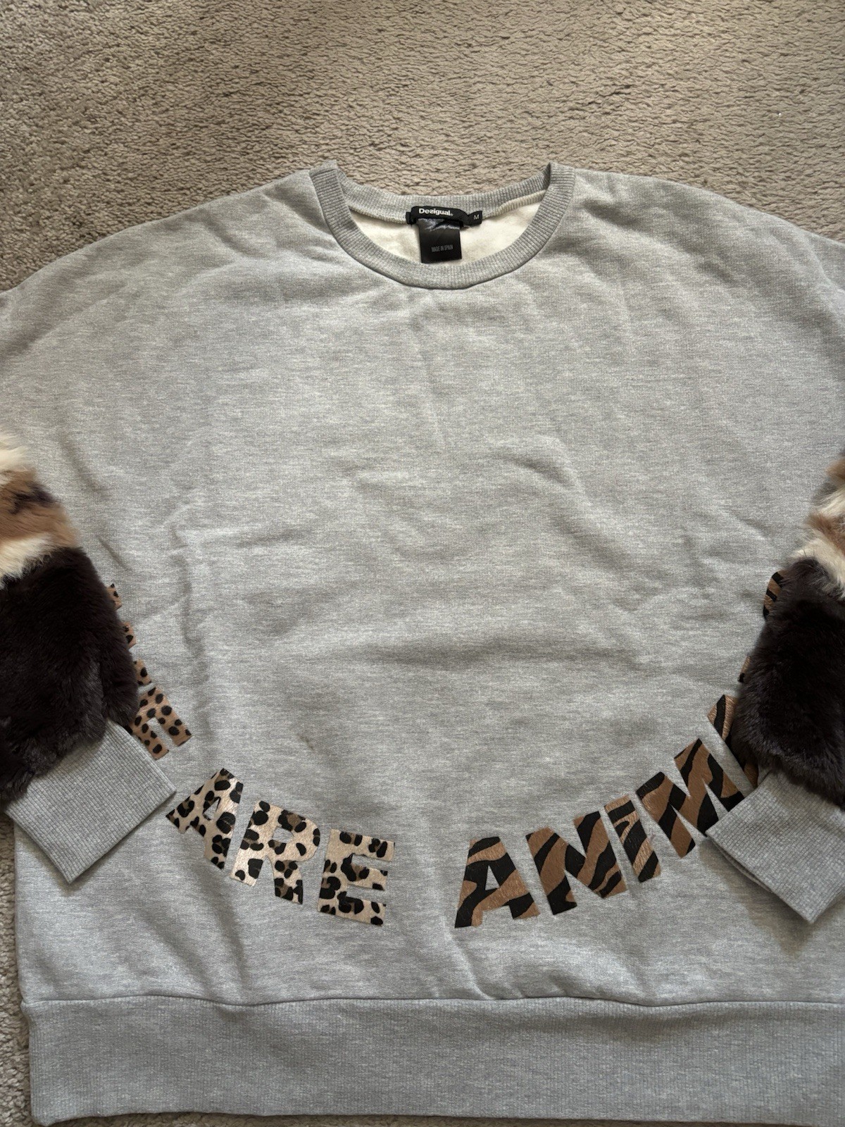 Desigual Gray Faux Fur Sleeves Medium Pullover Sw… - image 4