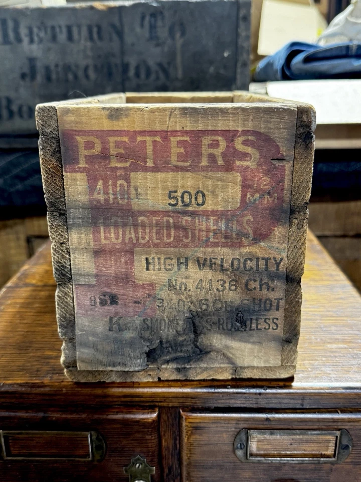 Raro Peters 410 ga. Caja de munición con carcasa de escopeta caja de madera 500 unidades Kings Mill Ohio Foto 2 de 4