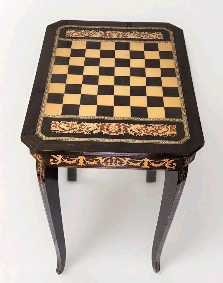 Antique Asian Import Lacquer Chinoiserie Chess Checkers Game Music Box Table - Image 3 of 4