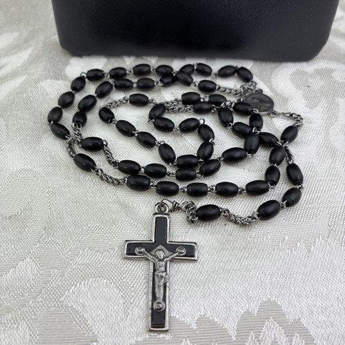 Antique French Rosary 18" Wood/Seeds Prayer Beads Scared Heart Of Jesus + Pouch