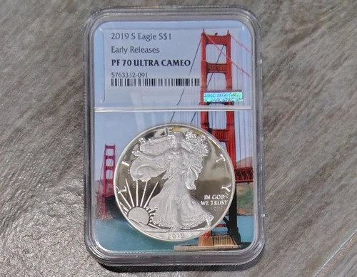 2019 S PROOF SILVER EAGLE S PF70 ULTRA CAMEO - Golden Gate - Early Releases 1 oz