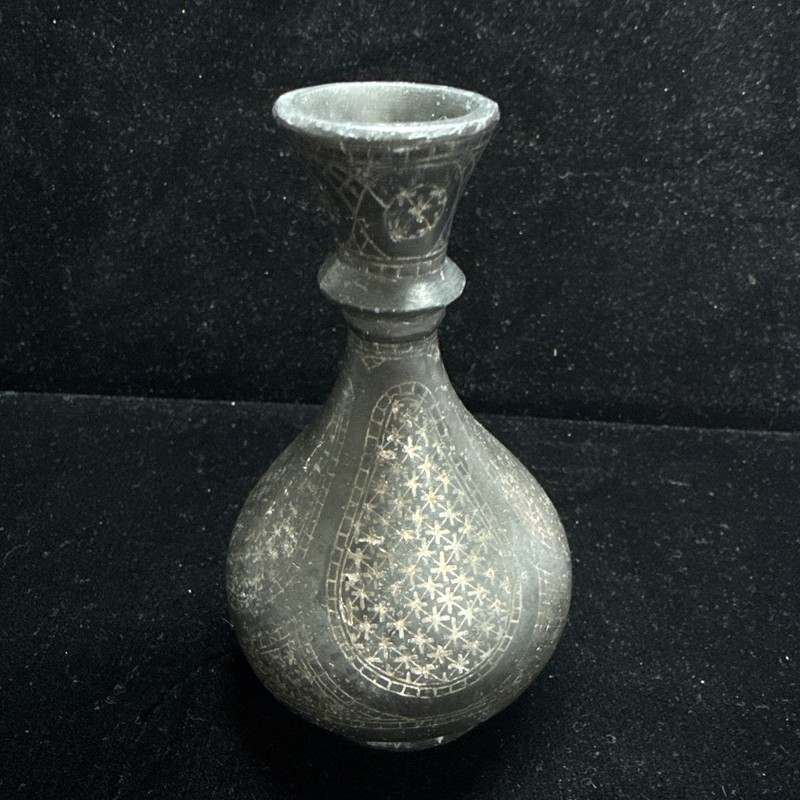 Antique Indian Silver Inlay On Pewter Bidriware Bud Vase 4” X 2 1/2”