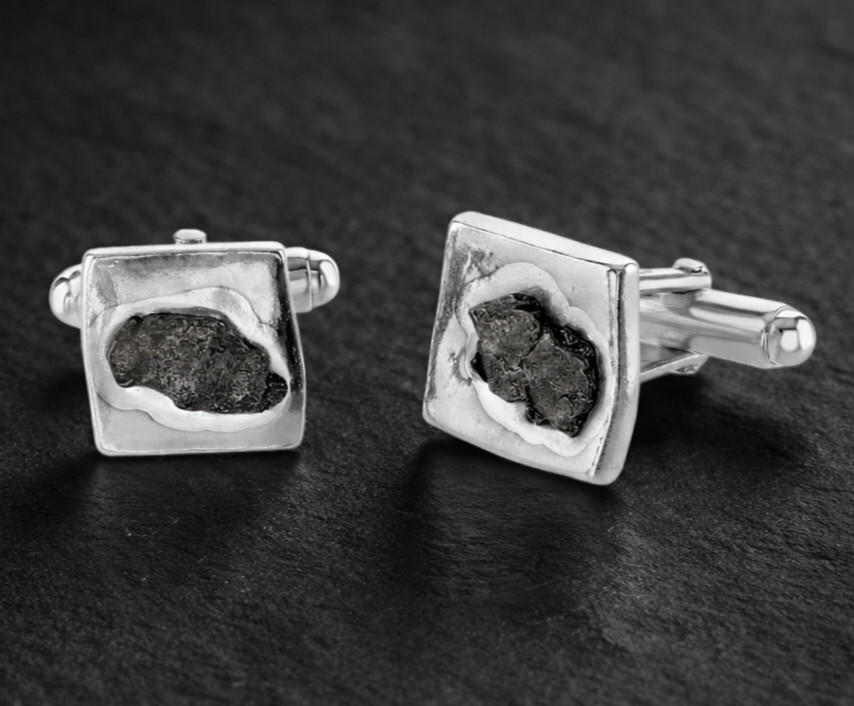 Solid Silver Cufflinks Set With Iron Meteorite  - Square