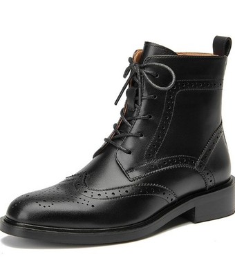BEAU TODAY Women s Black Leather Combat Ankle Boots Wingtip Brogue Lace Up