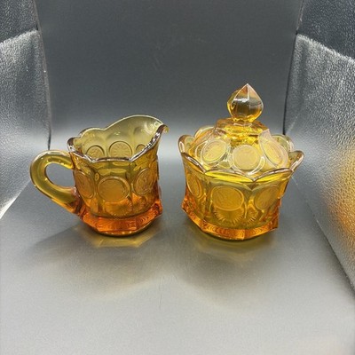 Vintage FOSTORIA Amber Coin Dot Glass Sugar and Cream Set