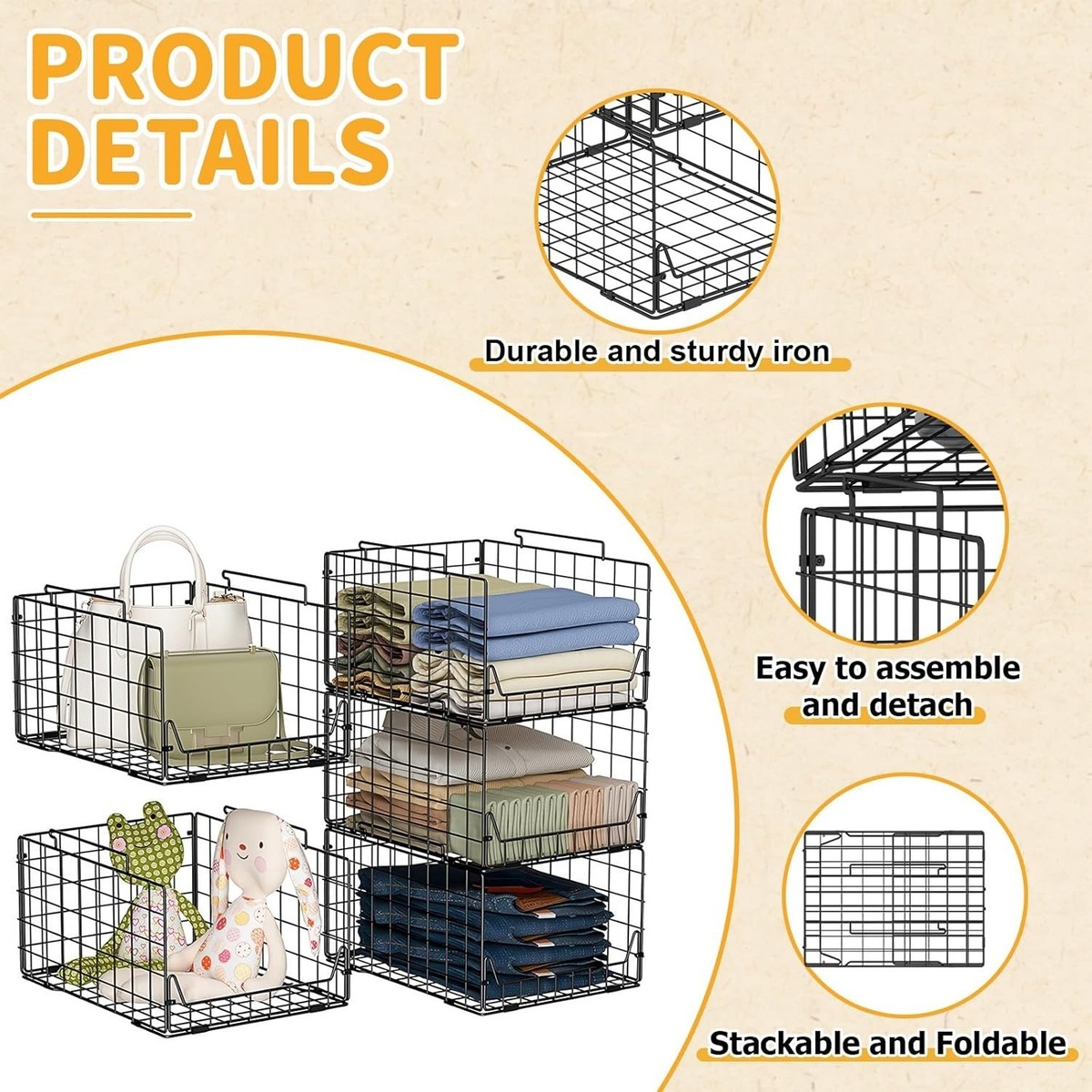 5 Tier Closet Organizer Shelf Stackable Metal Storage Bins Black