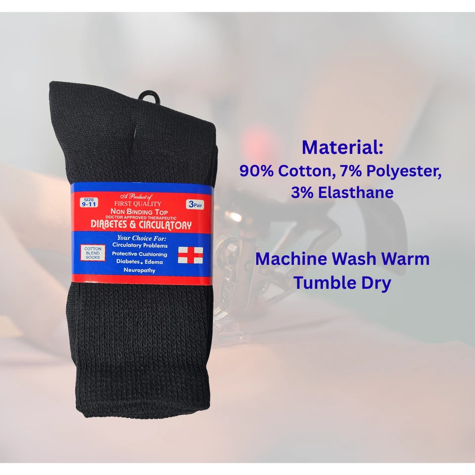 3-12 pares de calcetines negros para diabéticos de algodón salud para hombres y mujeres 9-11 10-13 13-15 Foto 3 de 4