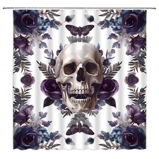 Sugar Skull Shower Curtain Gothic Blue Purple Scary Rose Floral Halloween Ske...