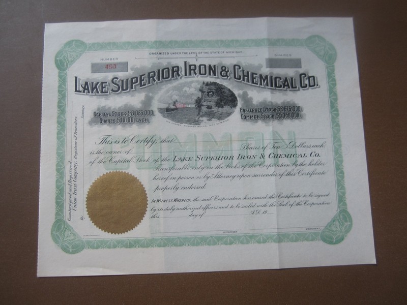 c.1900 - LAKE SUPERIOR IRON & CHEMICAL Co. - Stock Certificate - MICH.