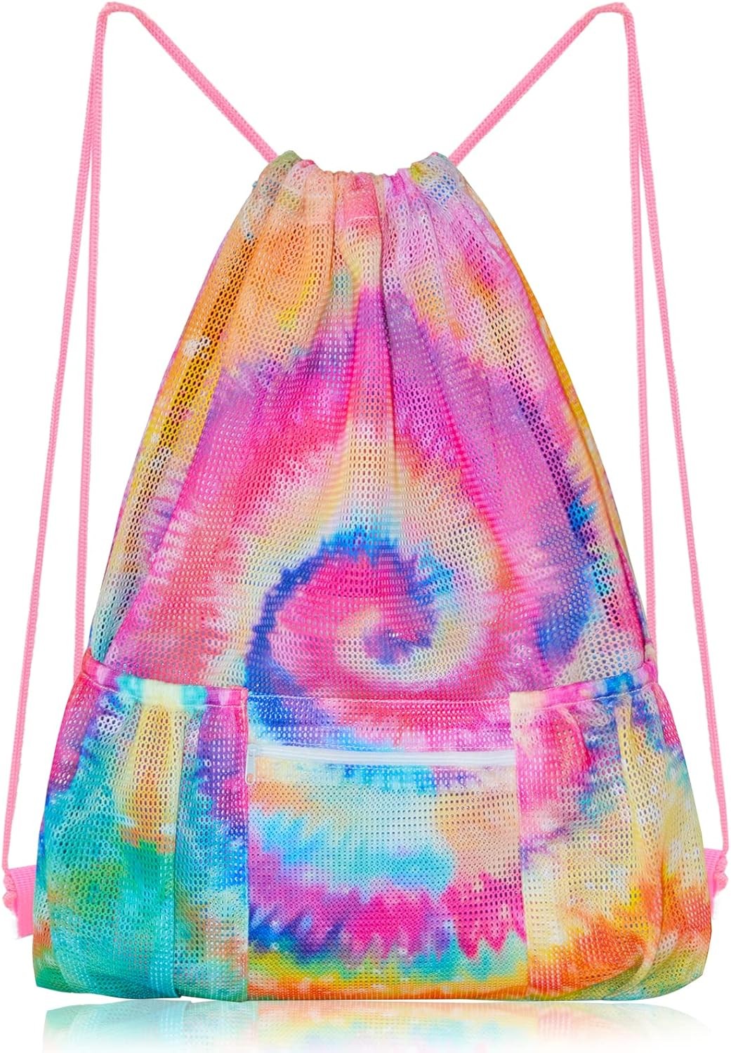 Mesh Drawstring Bag with Zipper Pocket, Beach Bag for Swimming Gear Backpack Gy