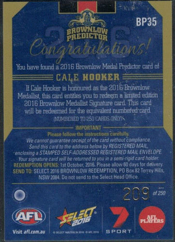 2016 Footy Stars THUNDER & LIGHTNING & BROWNLOW PREDICTORS; Individual Card Sale - Picture 9 of 13