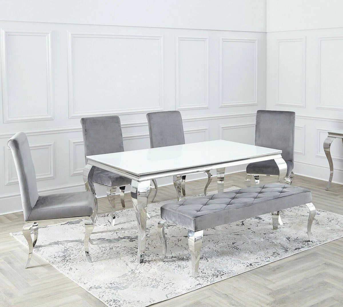 Louis Chrome SET White , Black Glass Dining Room Table & Velvet Chairs 1.6  / 2m.