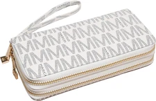 Women's Fashion Double Zip Around Wallet - Bifold Clutch Bag Wristlet w/ Strap
