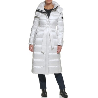 NEW Karl Lagerfeld Paris Contrast Maxi Belted Long PUFFER COAT White
