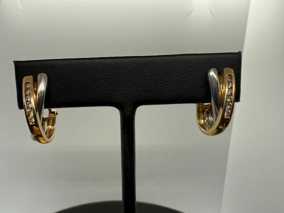 Womens Two Tone 14K Gold & Channel Set .20 Diamond Accent Earrings Omega Backs - Image 2 of 4