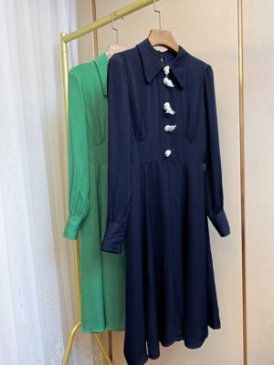LK Bennett Dress with Collar Viscose Silk Green Navy Blue