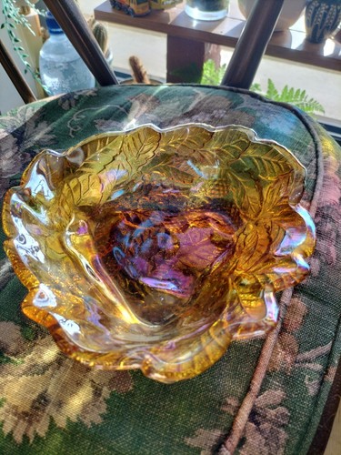 Vintage Grape Leaf Amber Iridescent Carnival Glass Bowl