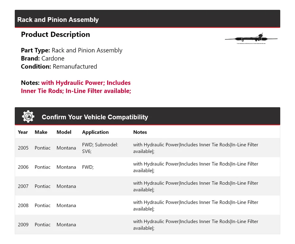 Conjunto de piñón y cremallera para Pontiac Montana 2005-2009 cardone 2006 2007 2008 Foto 2 de 4