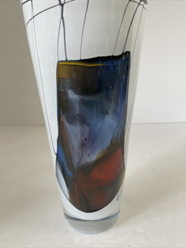 Jarrón soplado de vidrio de estudio arte azul blanco negro remolinado 9"" alto pesado Kasimir ""04 - Imagen 11 de 12