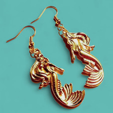 GOLD TONE MERMAID EARRINGS sea nymph sailor Little fairy tale nautical tail M4