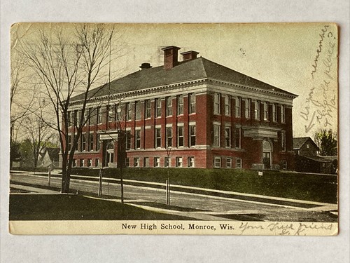 Vintage Postcard RPPC New High School Monroe, Wisconsin WI Mailed 1912