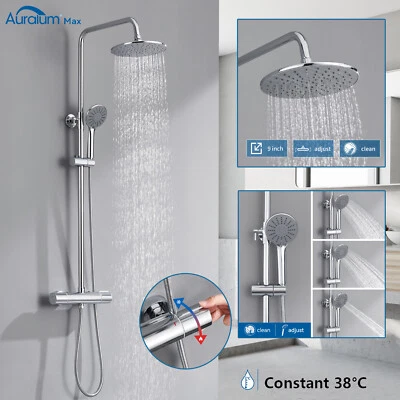 AURALUM Regendusche mit Thermostat Duscharmatur Duschsystem Massage Duschset Handbrause