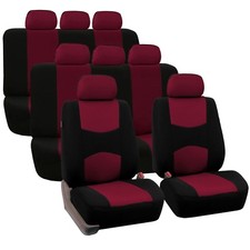 Burgundy 3 Row Flat Cloth Car Seat Covers 2 Bucket Covers 2 Solid Bench Cover