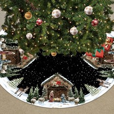 Christmas Tree Skirt 36 Inch Nativity Silent Oh Holy Night Farmhouse Winter H...