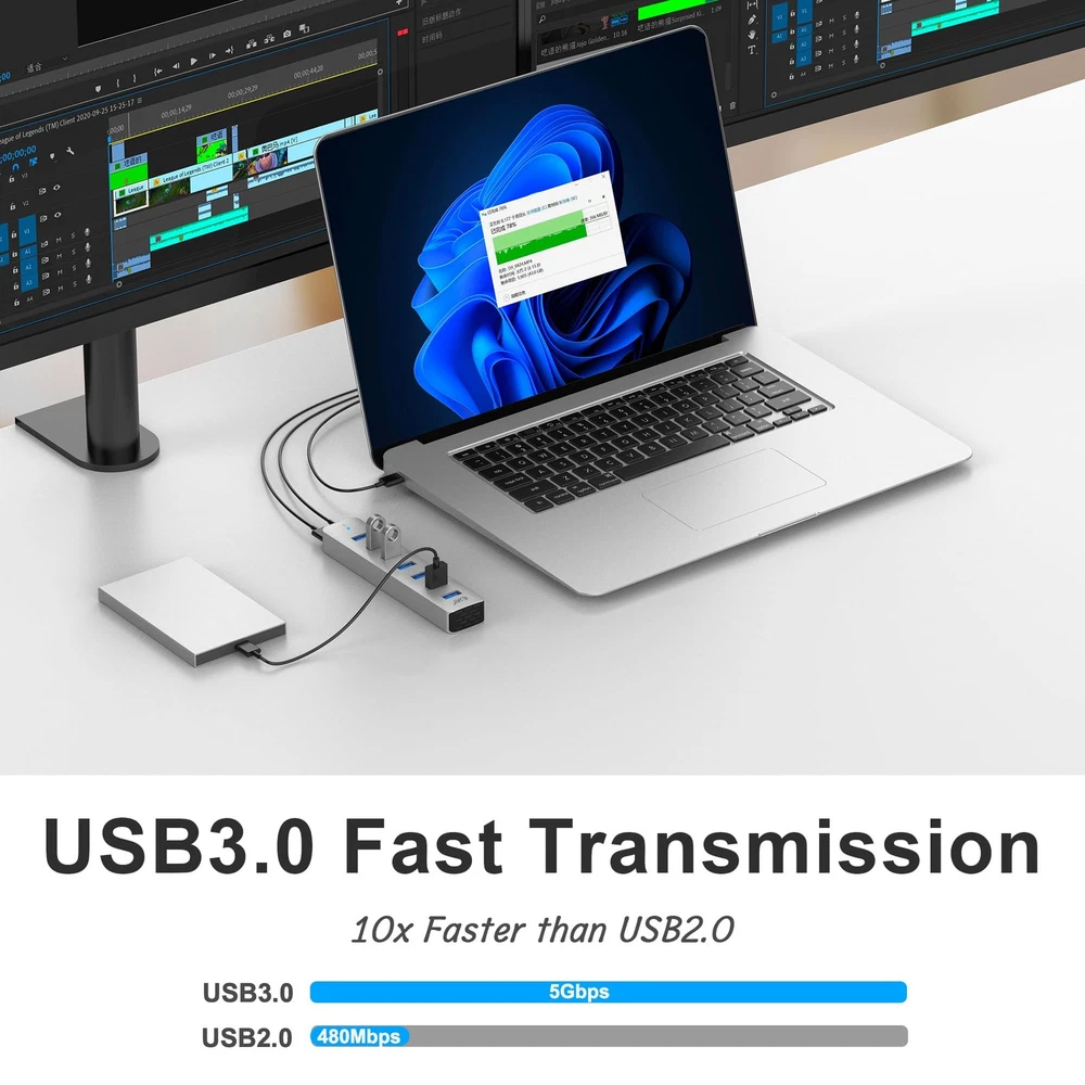 7-Port Aluminum USB Hub with Long Cable for Desktop Expansion