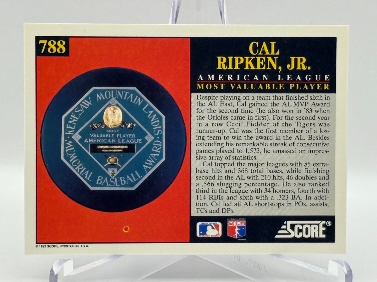 1992 Score Major League Baseball Card 788 Cal Ripken Jr '91 Most