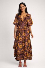 Farm Rio Garden Bloom Maxi Dress Floral Tiered A-Line V-Neck Puff Sleeve