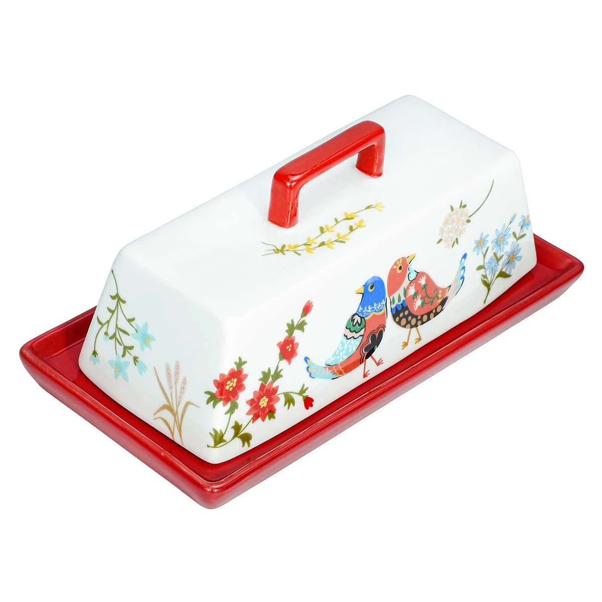 Porcelain Butter Dish with Lid Red Flower and Bird Pattern-7.5 Inch