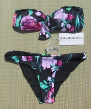 TINIBIKINI Floral Print BLACK Strapless Bandeau Bikini Swimsuit Size XS NEW