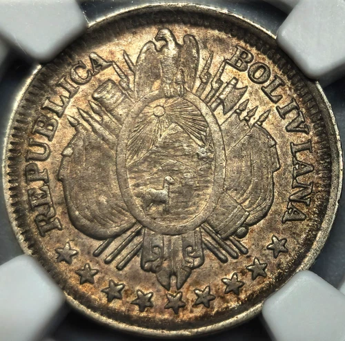 20 Centavos 1885 PTS FE Potosi BAR UNDER CENTs Republic Bolivia AU55 NGC Rare!!