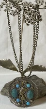 Vtg Egyptian Revival Scarab Necklace Medallion Pendant Brass Chain Art Deco