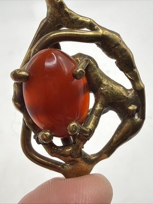 Large Handmade Artist Vintage Gold Brutalist Cabochon Carnelian Pendant Necklace