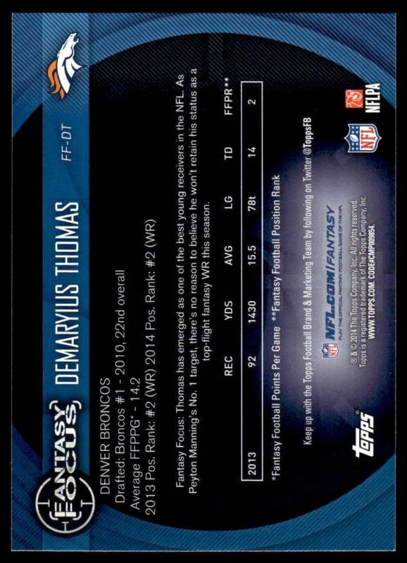 2014 TOPPS DEMARYIUS THOMAS FF-DT MINT FANTASY FOCUS FOOTBALL DENVER BRONCOS - Image 2 of 2