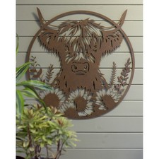 Highland Cow Floral Rustic Metal Wall Art Sculpture Plaque Home Garden Decor 60c