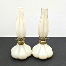 Pair of Antique Ivory Pearlescent Cased Glass Miniature Oil Lamps