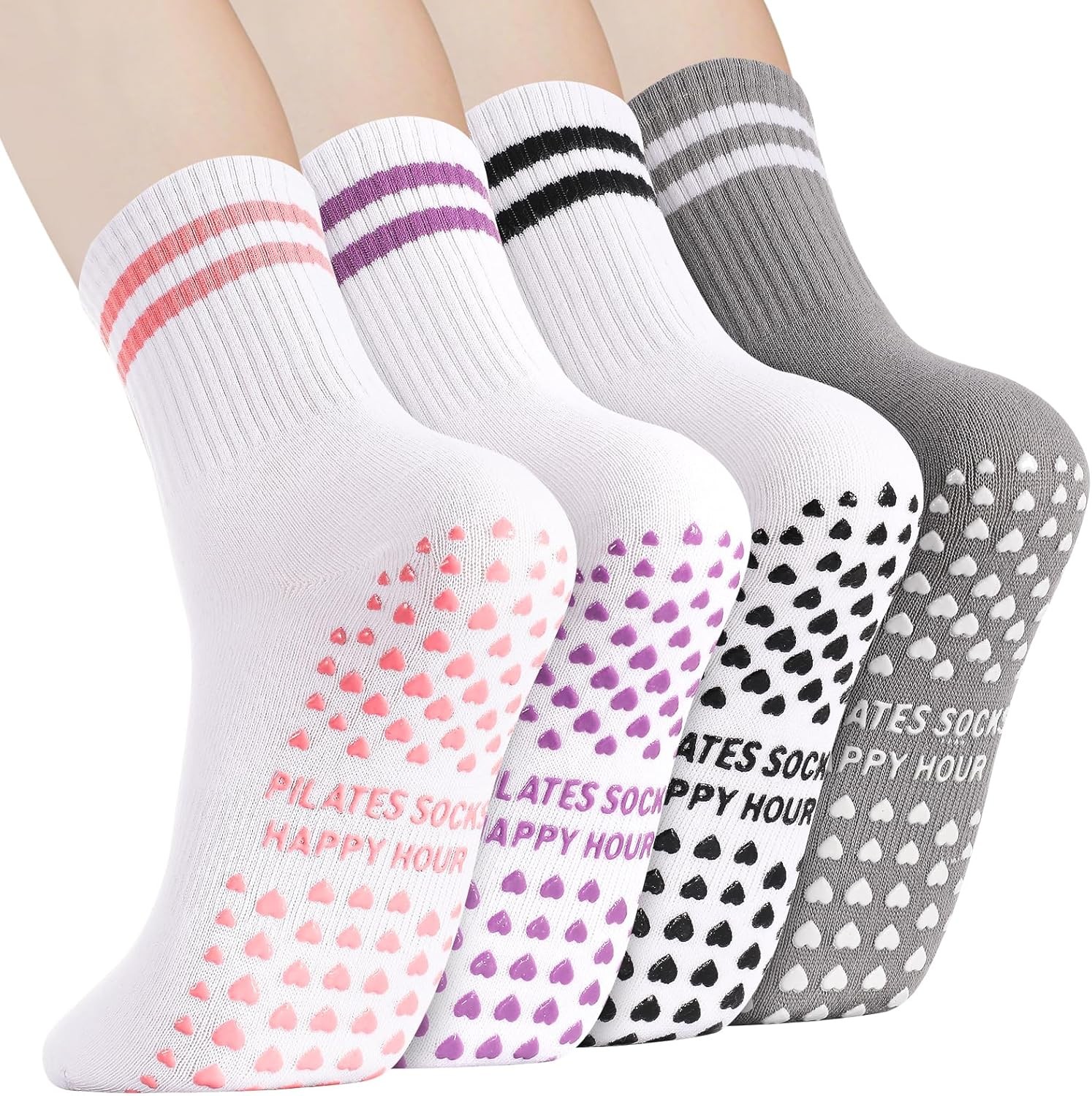 4 Pairs Yoga Grip Socks, Non Slip Pilates Sock Breathable Grippy Sock Women Col