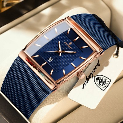 Herren Armbanduhr Quarz Rechteck Edelstahl Mesh Wasserdicht Leucht Datum Luxus